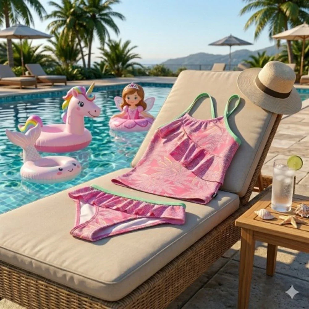 Nautica Girls Palm Tree Bikini Set Carmine Rose‎ Size S